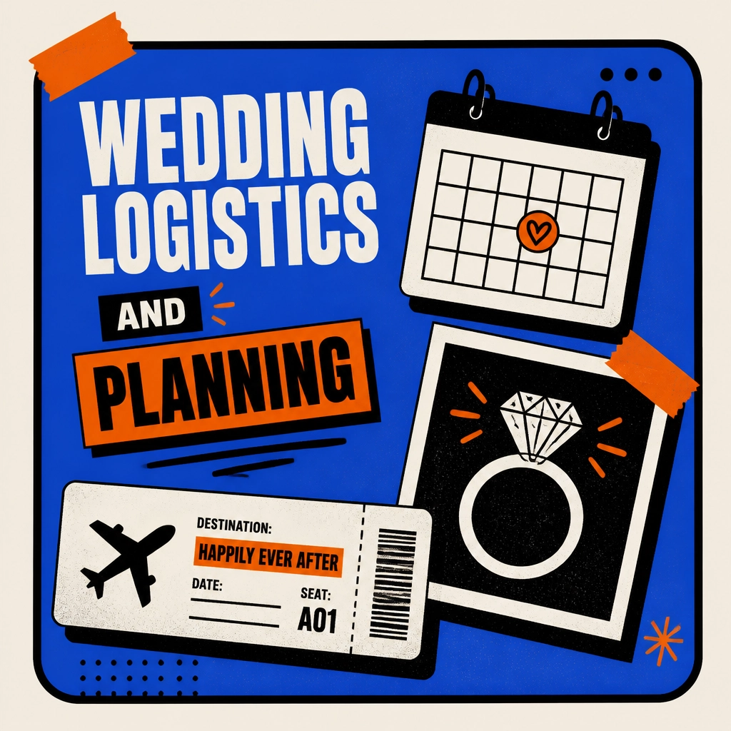 Wedding logistics and planning illustration with bold neon colors.