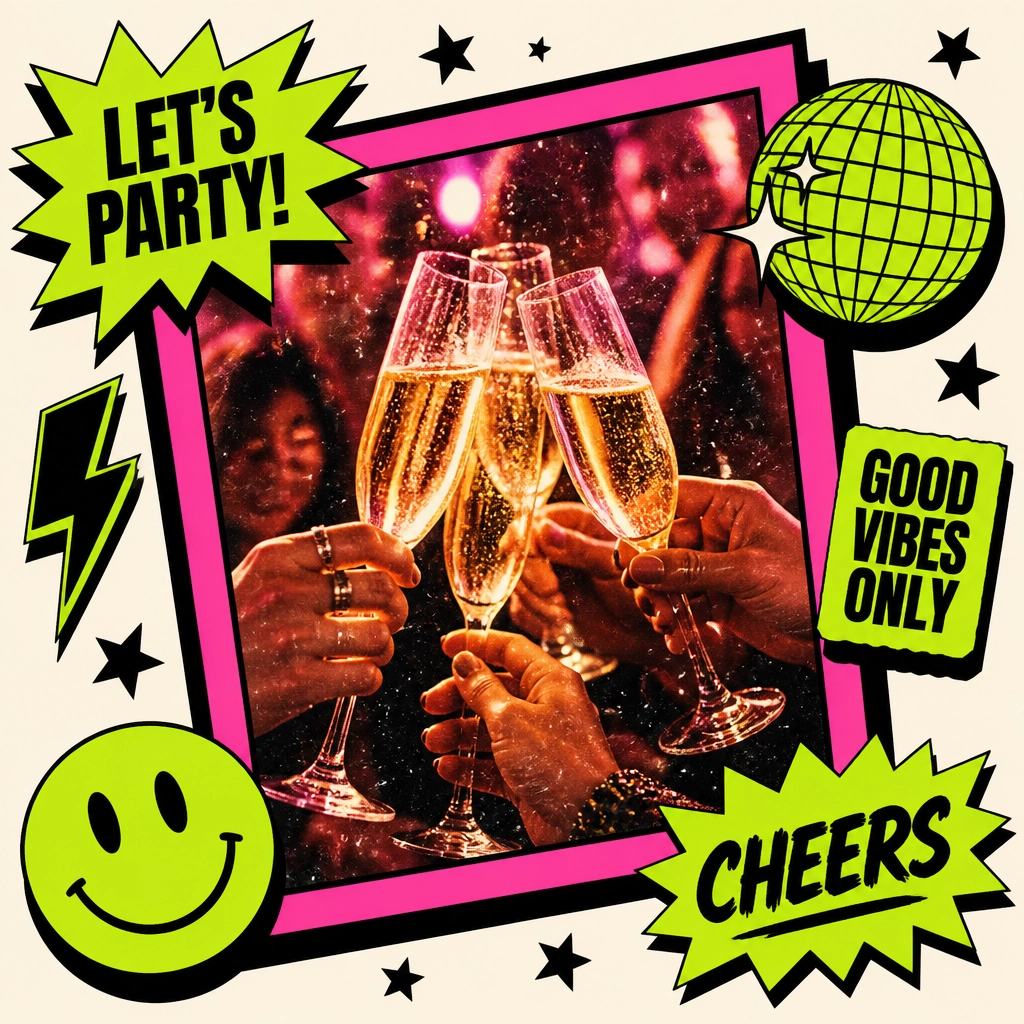 A high-energy party scene with champagne glasses clinking.